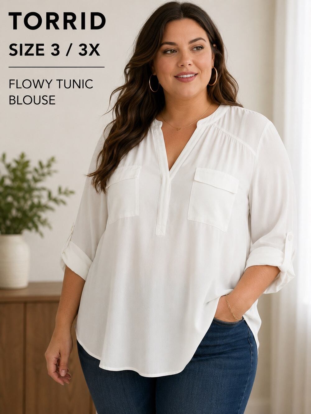 Torrid White Tunic Blouse Size 3X Plus Size Roll Tab Sleeve Flowy Top